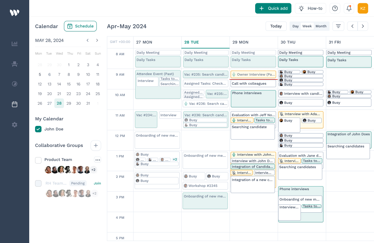 Wiggli collaborative scheduling calendar interface showing weekly view with interview events, Collaborative Groups panel, and team availability across multiple recruiters