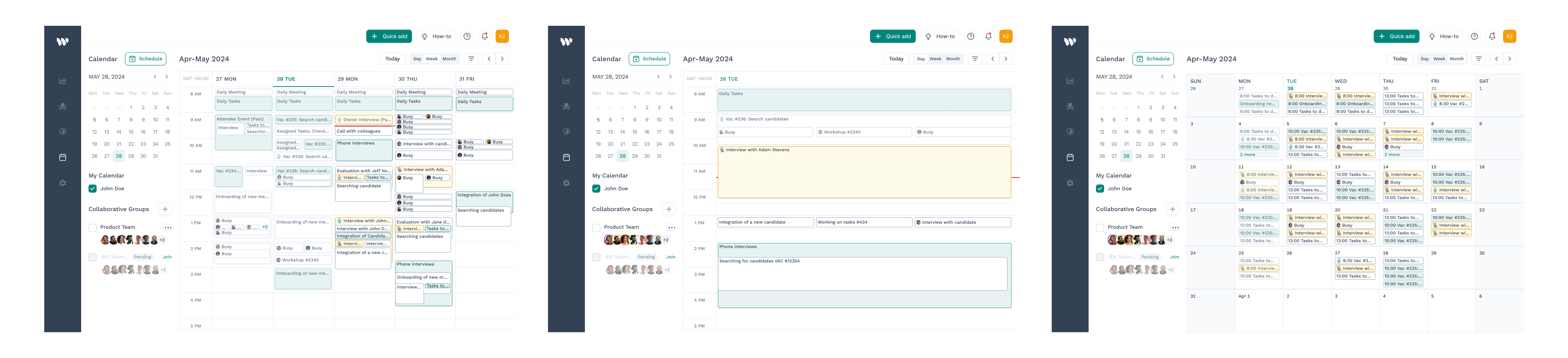 Three Wiggli calendar layout variants side by side — Daily view for hour-by-hour scheduling, Weekly view for mid-term planning, and Monthly view for high-level hiring volume overview
