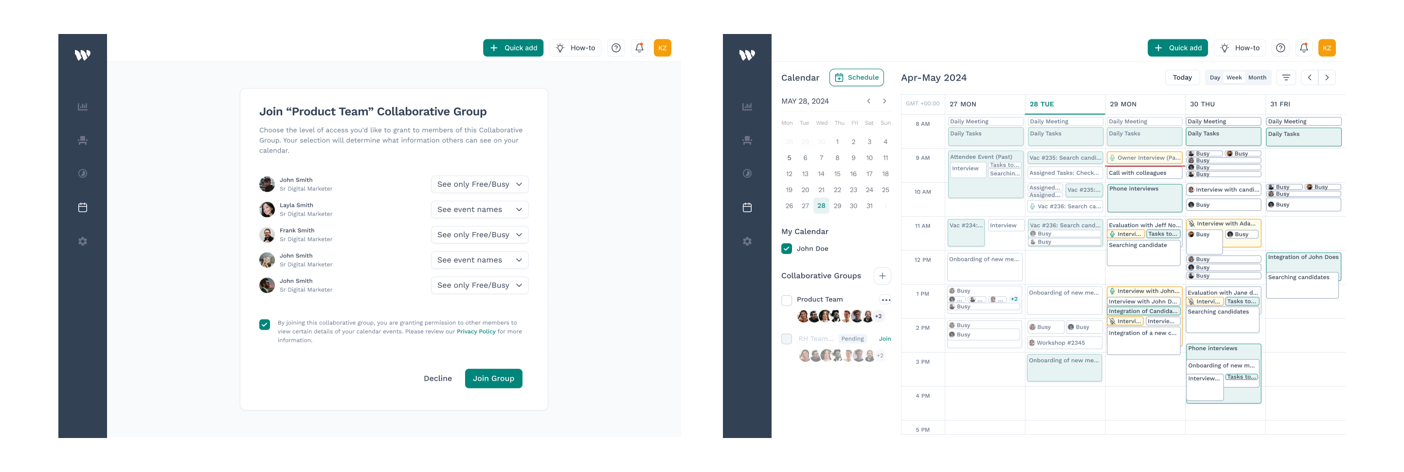Wiggli Collaborative Groups feature UI — showing the Join Group permission modal alongside the shared calendar view where all team members' availability is visible in a unified weekly layout