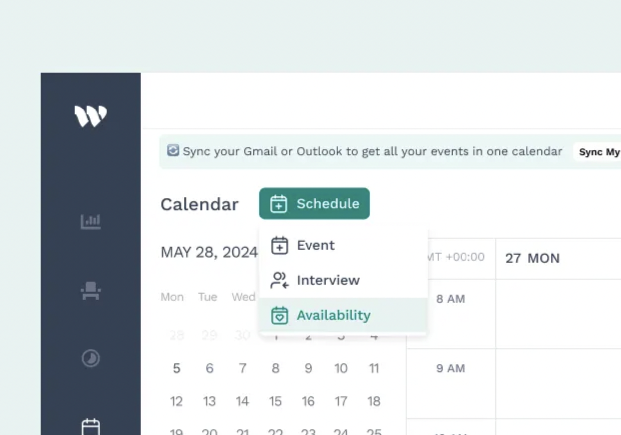 Wiggli Schedule Availability feature — Quick Add dropdown showing Event, Interview and Availability options, allowing recruiters to pre-mark free interview slots during busy hiring seasons